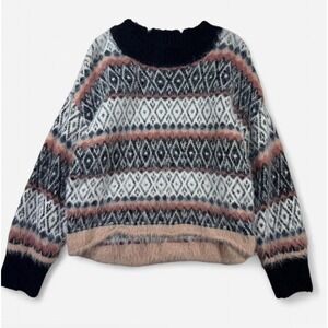 Urban Outfitters Sweater Womens Small Pink Black Fuzzy Fair Isle Knit Pullover